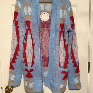 Umgee Blue and Red Patterned Cardigan